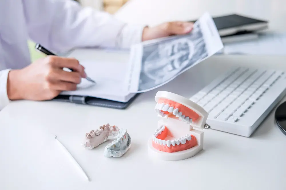 A person writing on a book next to a model of teeth