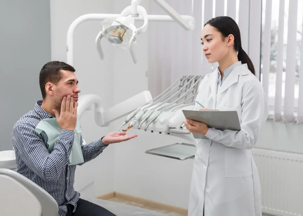 a woman in a white coat talking to a man in a chair