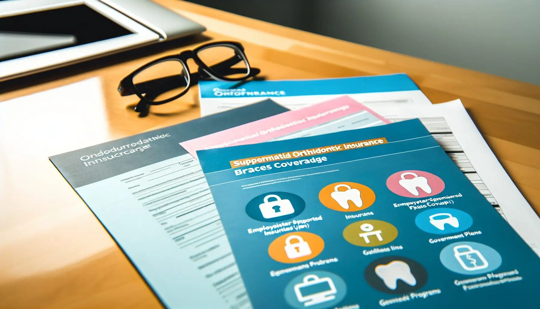 Orthodontic insurance brochures and glasses on a desk, illustrating options for obtaining braces coverage at Limestone Hills Orthodontics in Austin, TX.