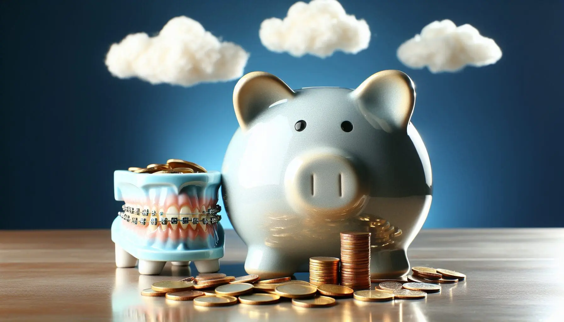Piggy bank and dental model with braces and scattered coins, illustrating saving money on braces and orthodontic treatments at Limestone Hills Orthodontics in Austin, TX.