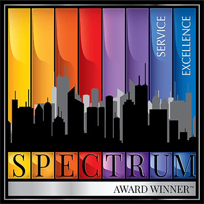 Spectrum Vertical yellow-to-blue bars behind a city skyline, with "Spectrum Award Winner Service Excellence" and Limestone Hills Orthodontics in Austin, TX below.